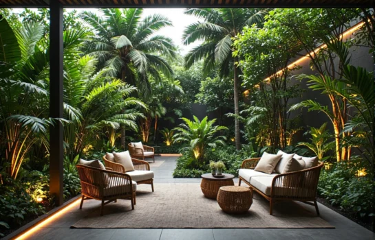 Rattanowe meble ogrodowe z beżowymi poduchami i stolikiem