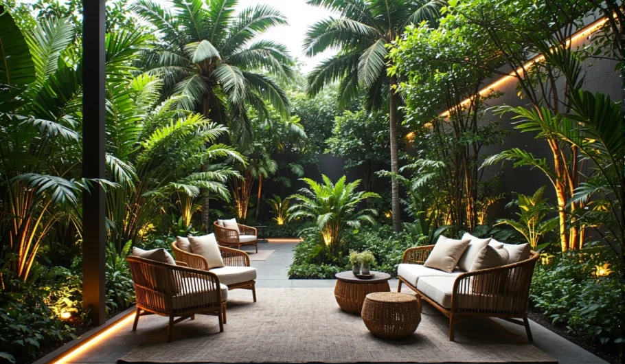 Rattanowe meble ogrodowe z beżowymi poduchami i stolikiem