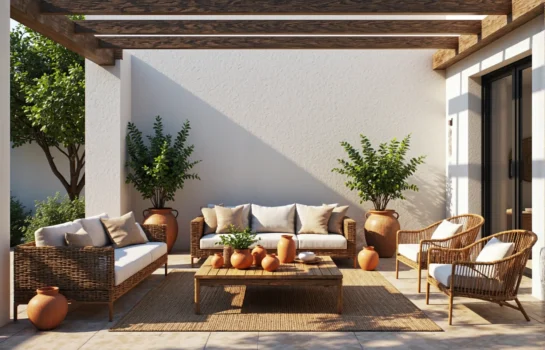 Zestaw mebli ogrodowych rattanowych z kremowymi poduszkami i stolikiem drewnianym