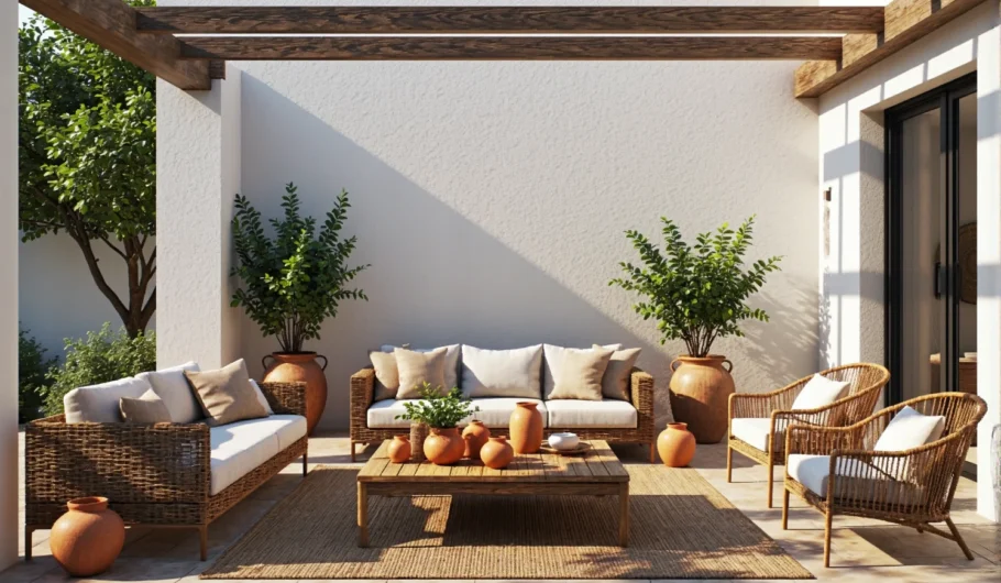 Zestaw mebli ogrodowych rattanowych z kremowymi poduszkami i stolikiem drewnianym