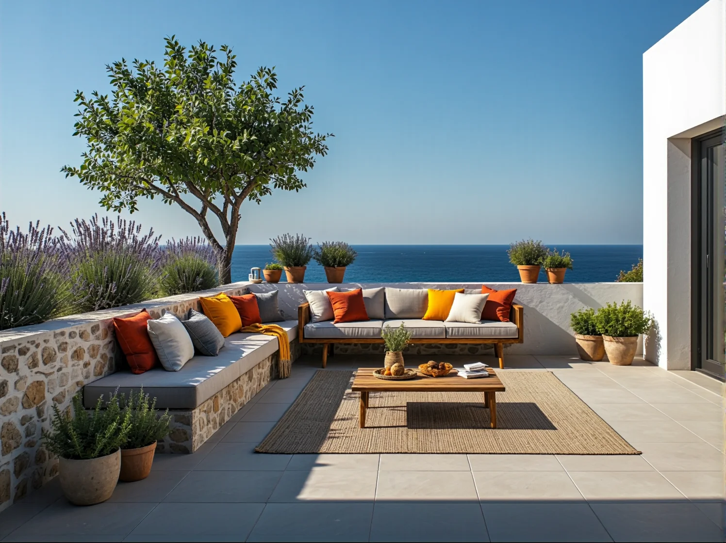 Stylowe meble plecione z rattanu na słonecznym tarasie z widokiem na śródziemnomorski ogród.