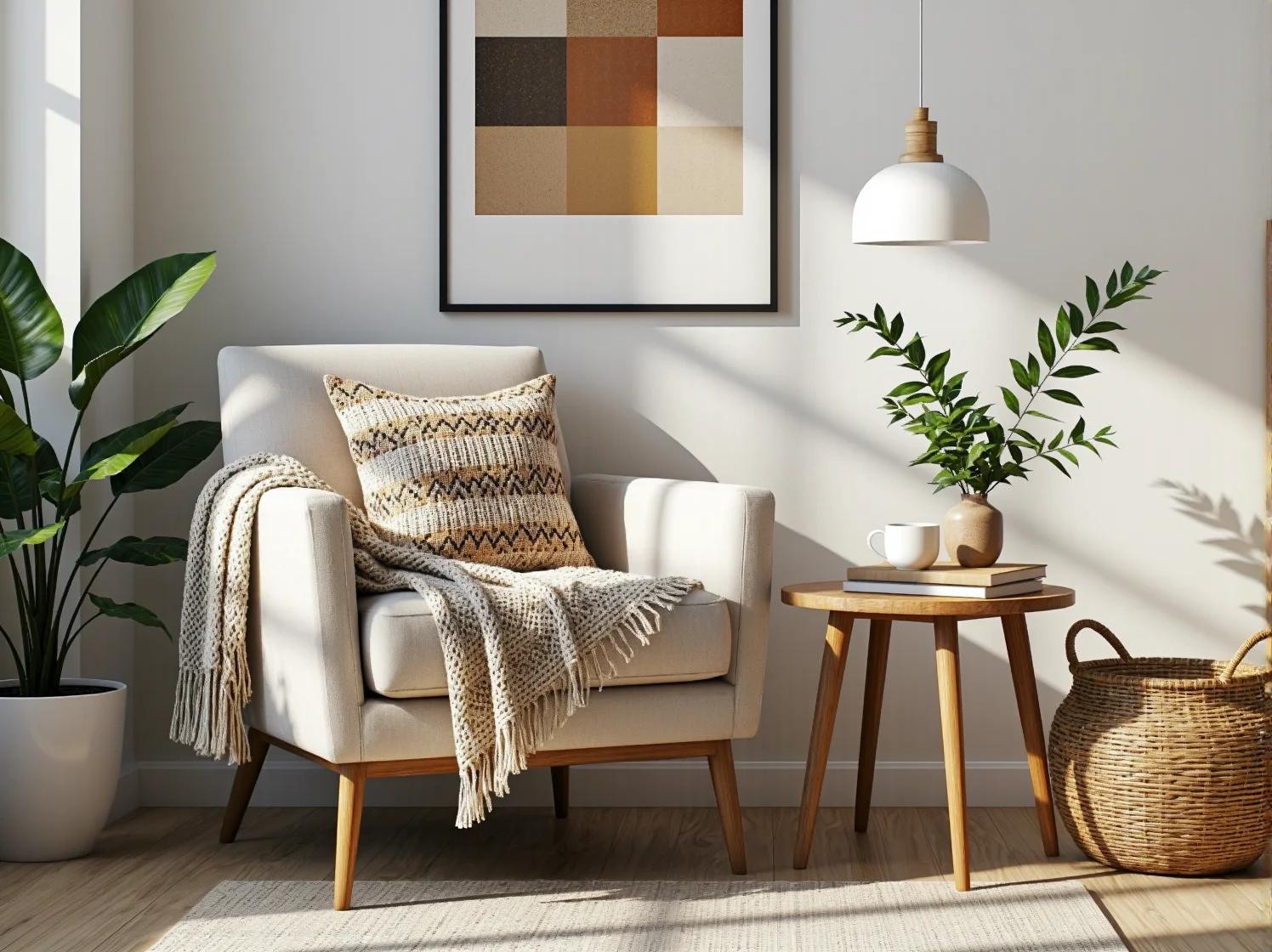 Drewniane meble i szara sofa w przytulnym salonie scandi-boho pełnym naturalnych materiałów.