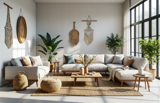 Narożna sofa tapicerowana kremowa w stylu boho na drewnianych nóżkach