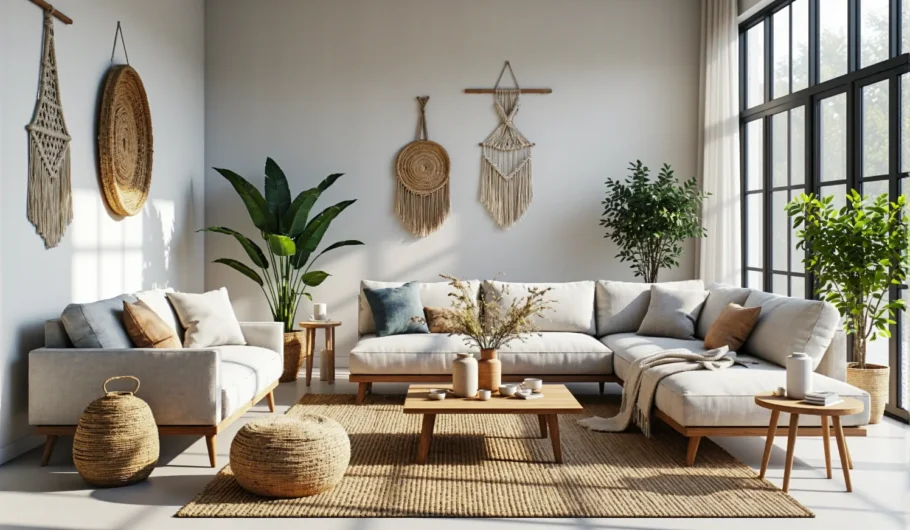 Narożna sofa tapicerowana kremowa w stylu boho na drewnianych nóżkach