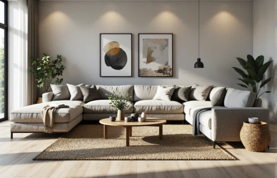 Narożnik tapicerowany szary z miękkimi poduszkami dekoracyjnymi