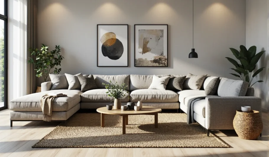 Narożnik tapicerowany szary z miękkimi poduszkami dekoracyjnymi