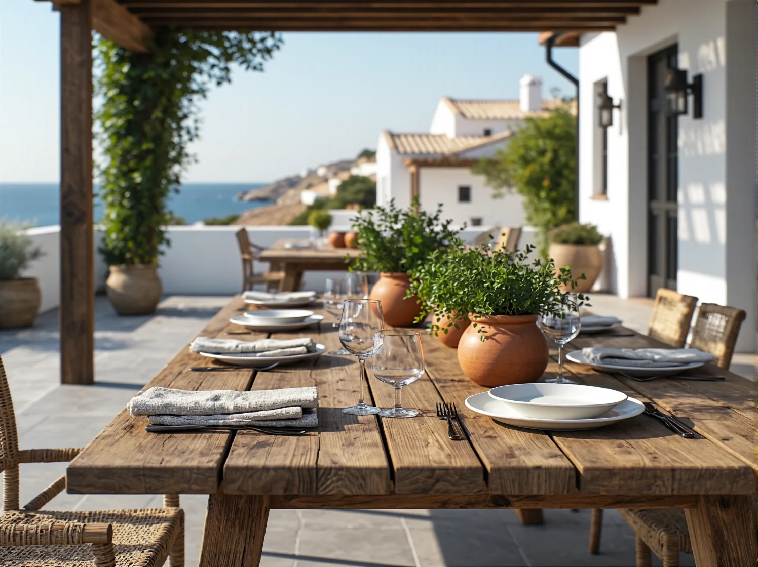Eleganckie drewniane meble tarasowe we włoskim stylu idealne do letniego wypoczynku.