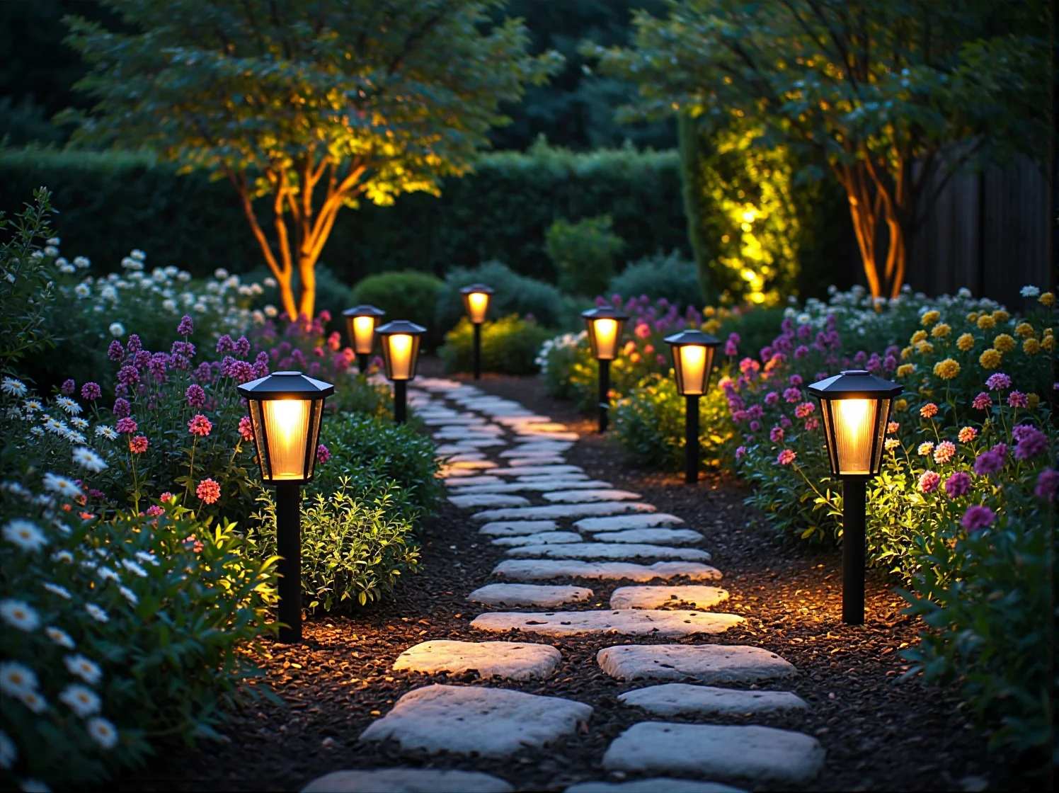 Przytulna strefa relaksu w ogrodzie z wygodnym narożnikiem, miękkimi poduszkami i dekoracyjnymi lampami solarnymi.