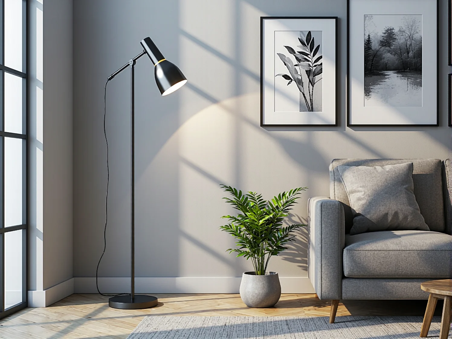 Minimalistyczna metalowa lampa stojąca w stylu industrialnym do salonu.