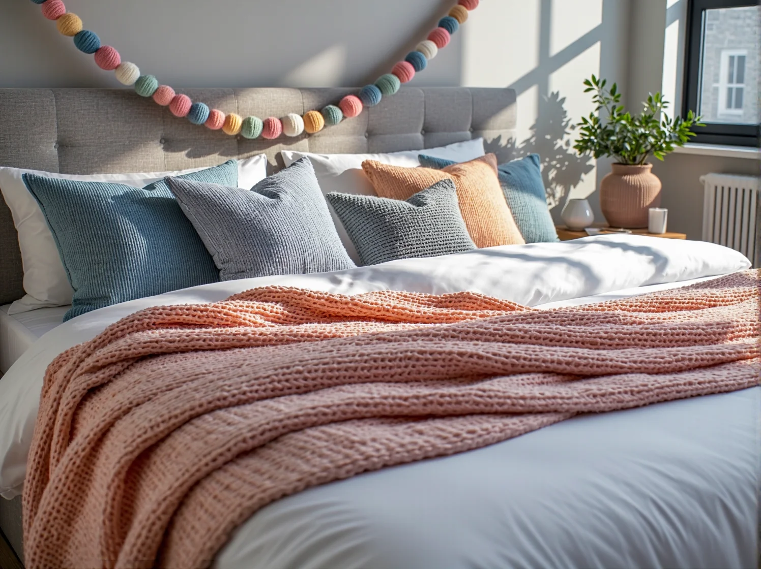 Minimalistyczne wnętrze sypialni w stylu skandynawskim z białymi meblami i błękitną ścianą.