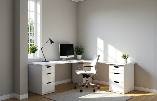 Białe biurko narożne z szufladami i dużym blatem roboczym