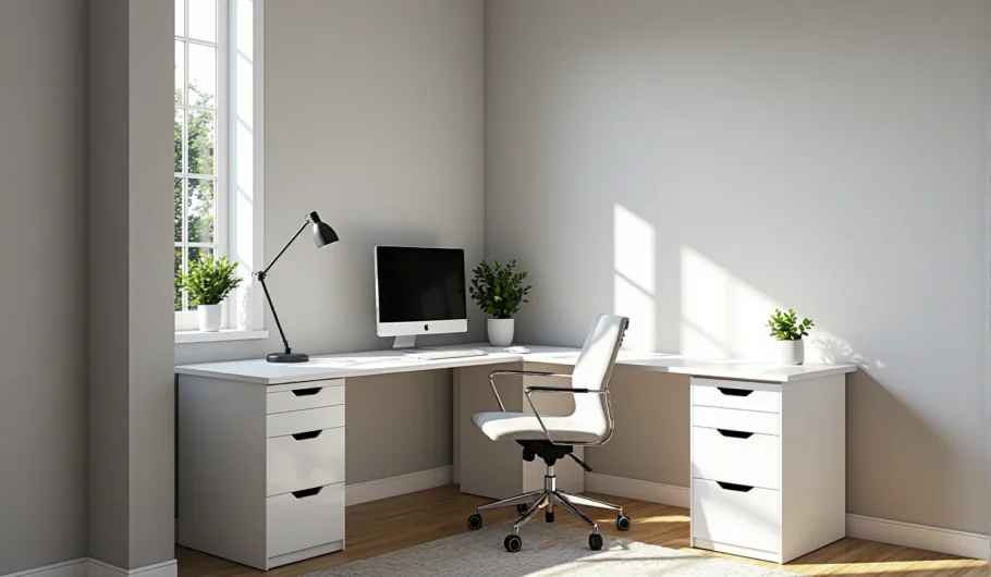 Białe biurko narożne z szufladami i dużym blatem roboczym