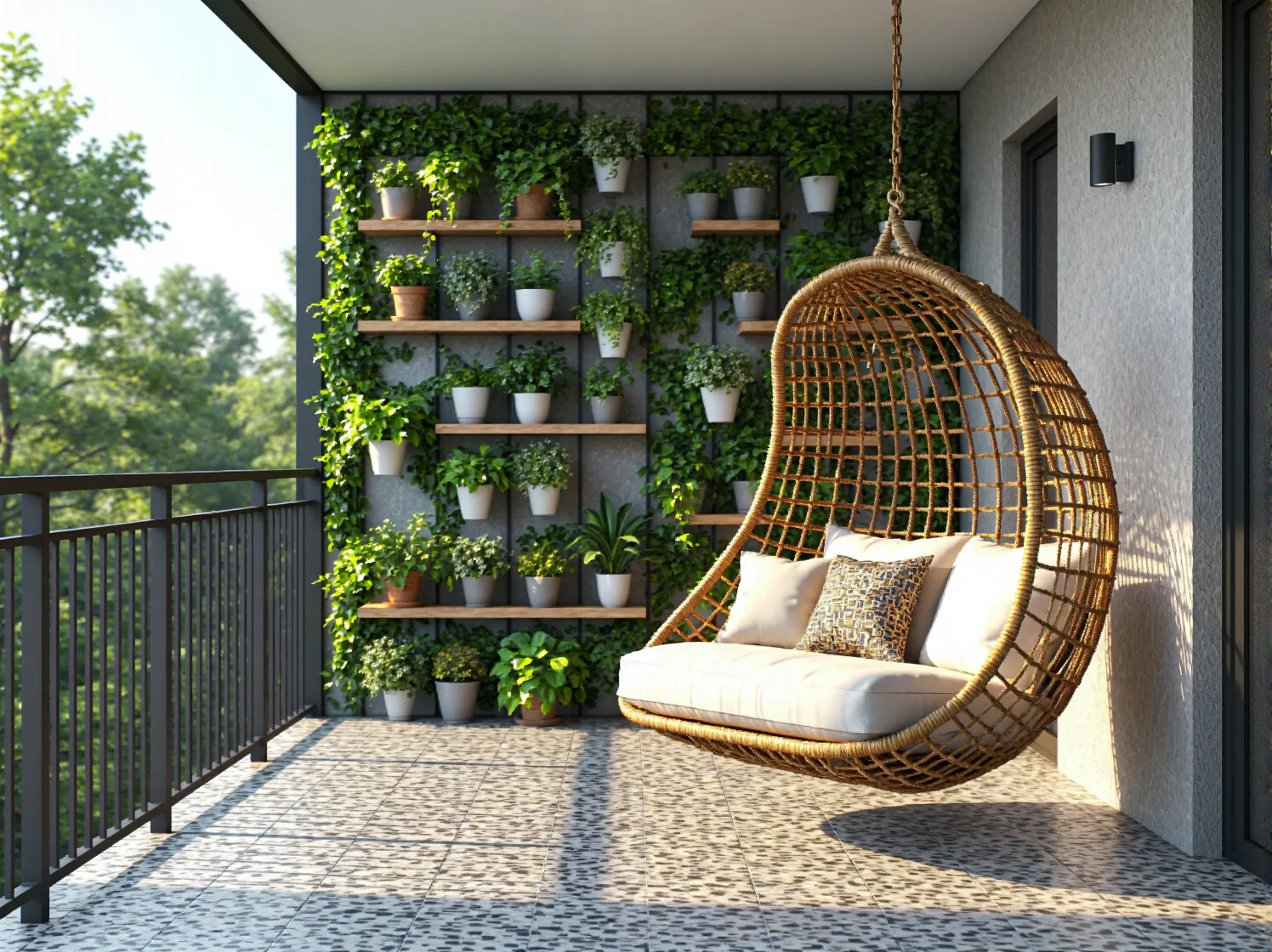 Duży balkon z wygodnym narożnikiem i stolikiem – idealne meble wypoczynkowe.