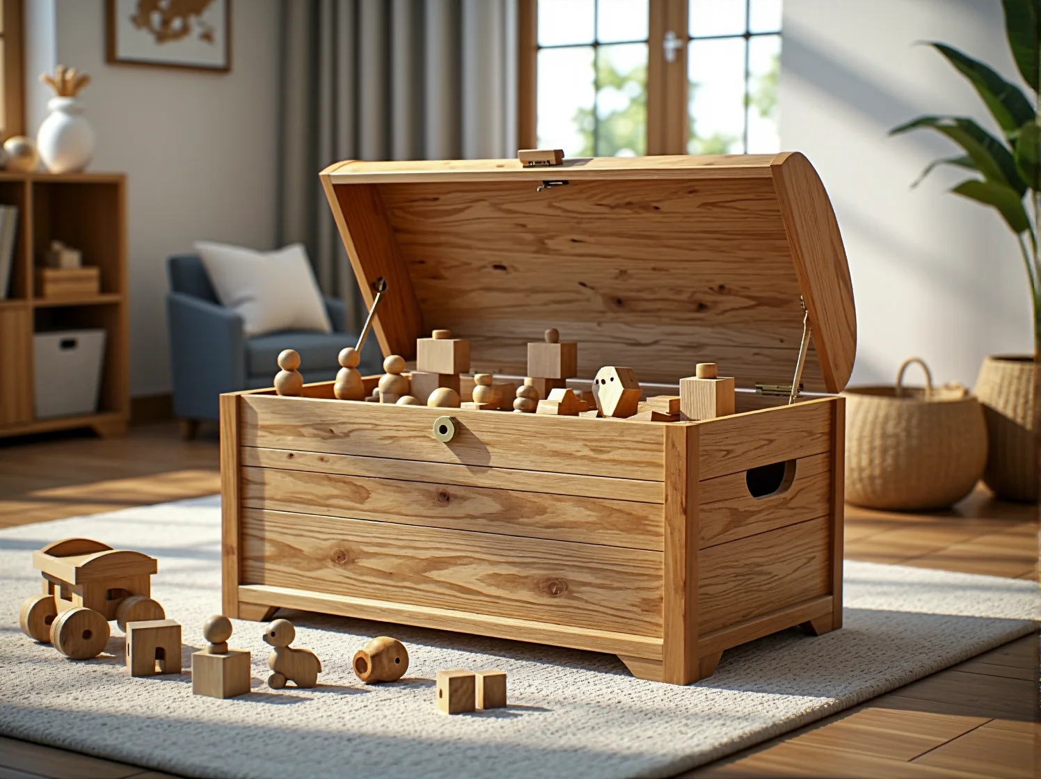 Dziecko bawiące się na podłodze obok regału z naturalnego drewna, pełnego zabawek.