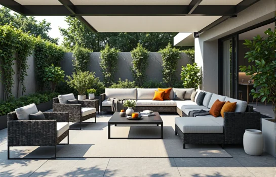 Modulowy zestaw mebli ogrodowych z rattanu z jasnymi poduszkami