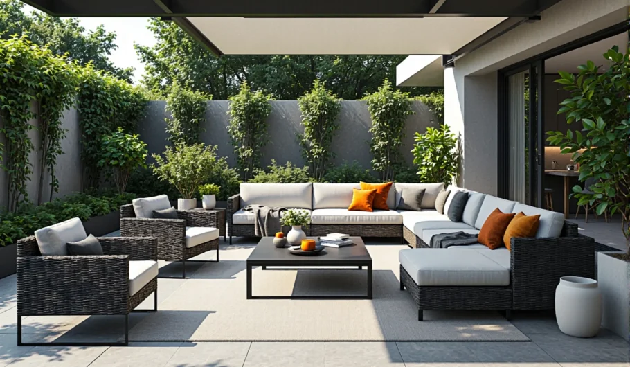 Modulowy zestaw mebli ogrodowych z rattanu z jasnymi poduszkami