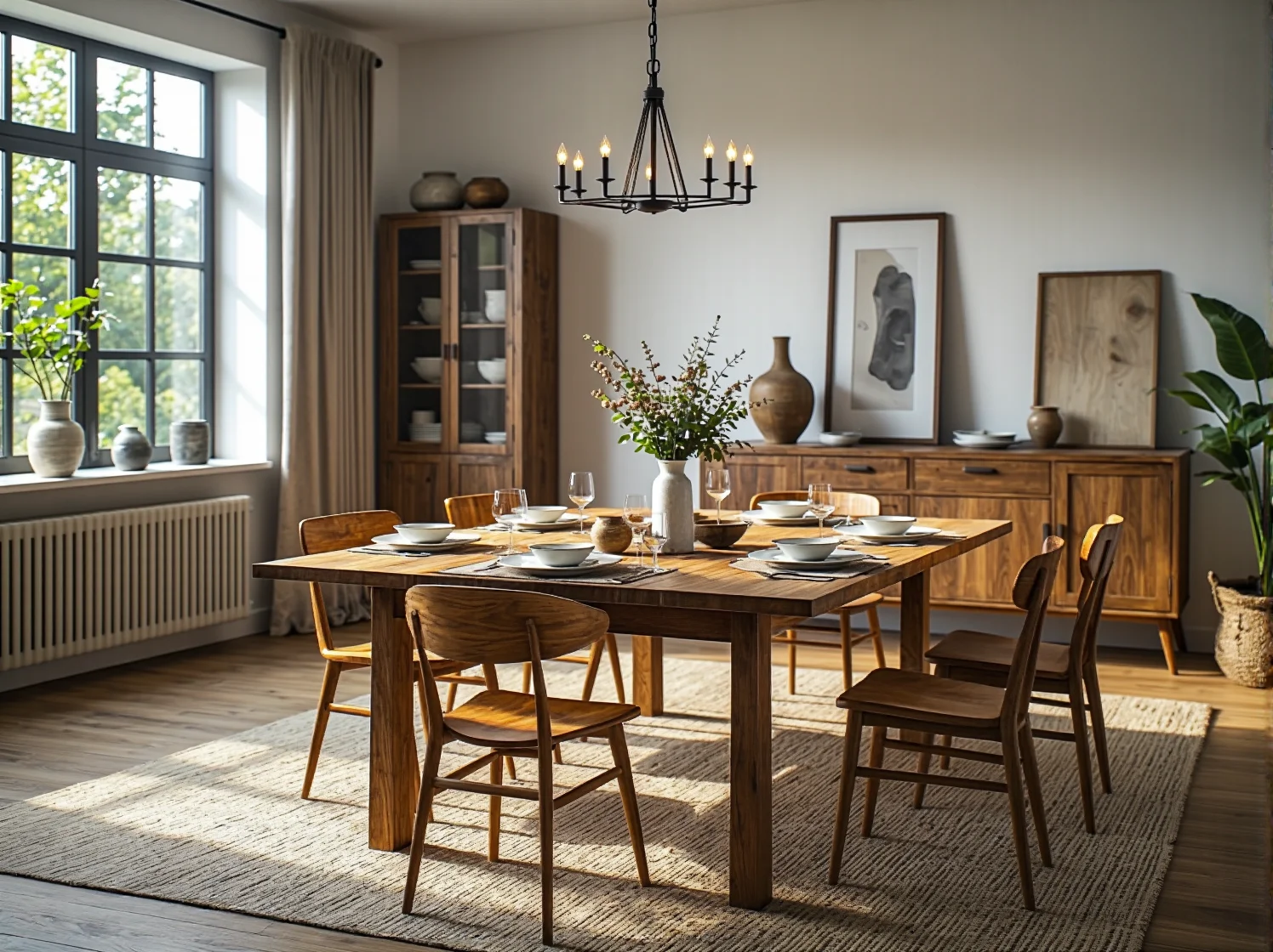 Nowoczesna lampa wisząca doświetlająca detale starej komody po renowacji.