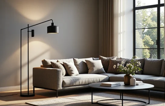 Czarna lampa podłogowa z metalowym ramieniem i kloszem walcowym