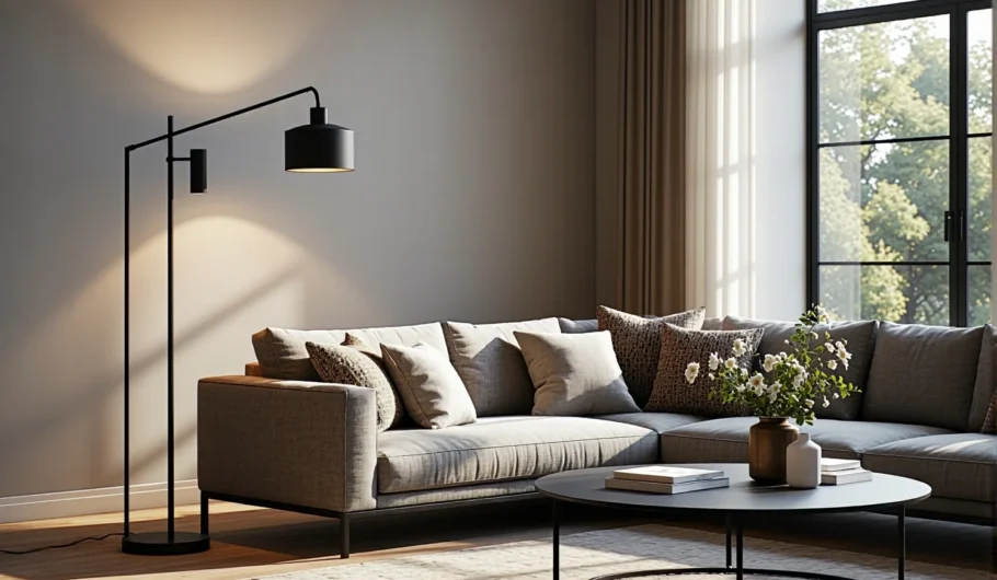 Czarna lampa podłogowa z metalowym ramieniem i kloszem walcowym