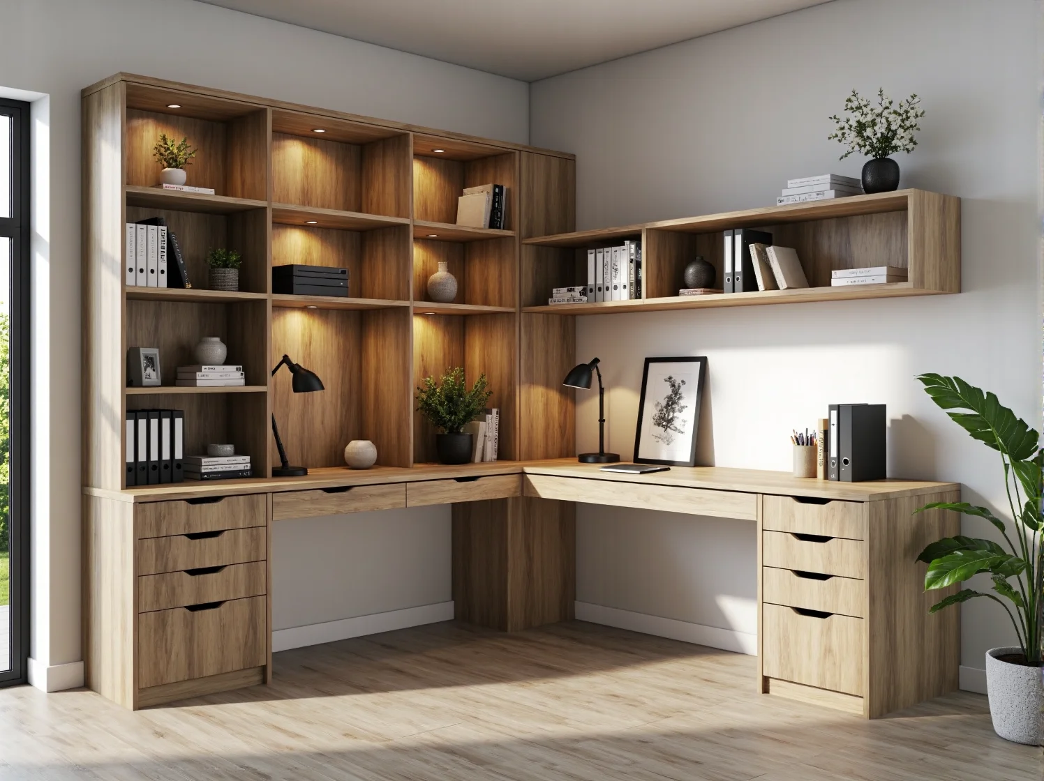 Stylowe czarne biurko narożne typu loft w kąciku do pracy zdalnej zorganizowanym przy oknie.