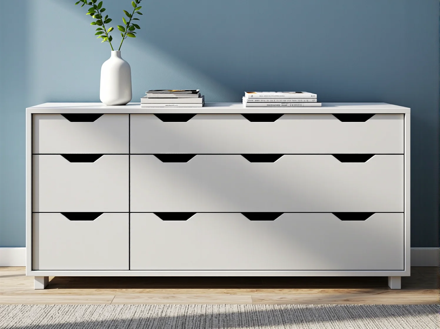 Nowoczesne komody modułowe ustawione w sypialni, styl minimalistyczny i prostota formy.