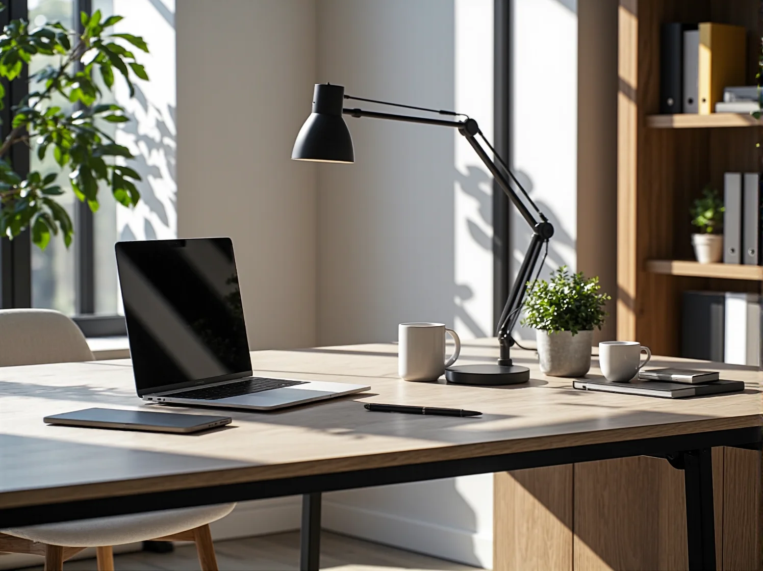 Minimalistyczne biurko z ukrytymi schowkami zapewniające estetyczny wygląd i porządek w biurze.