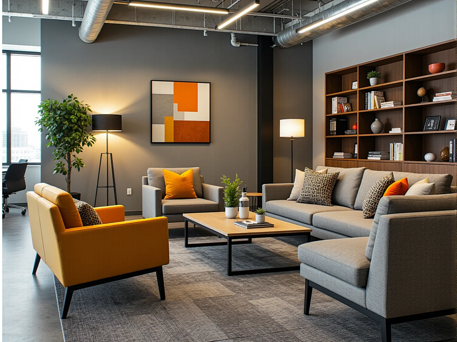 Nowoczesne meble modułowe w strefie wspólnej biura coworkingowego.