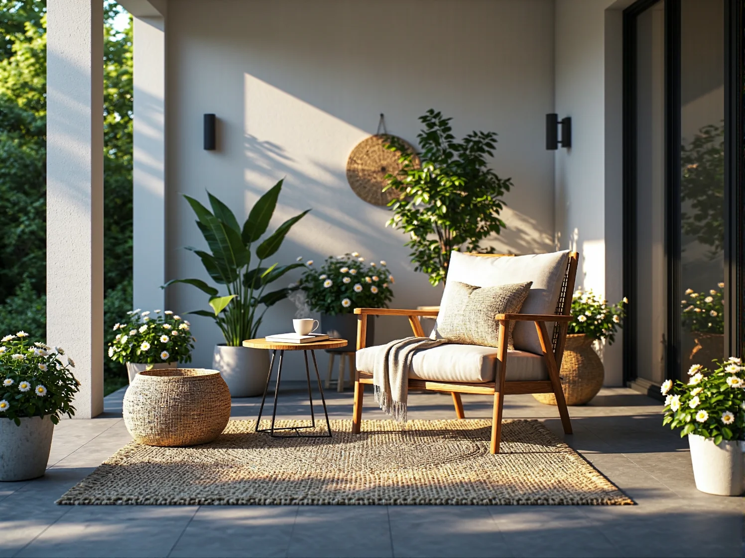 Nowoczesne oświetlenie ogrodowe w formie girland świetlnych zawieszonych nad drewnianym stołem i krzesłami.