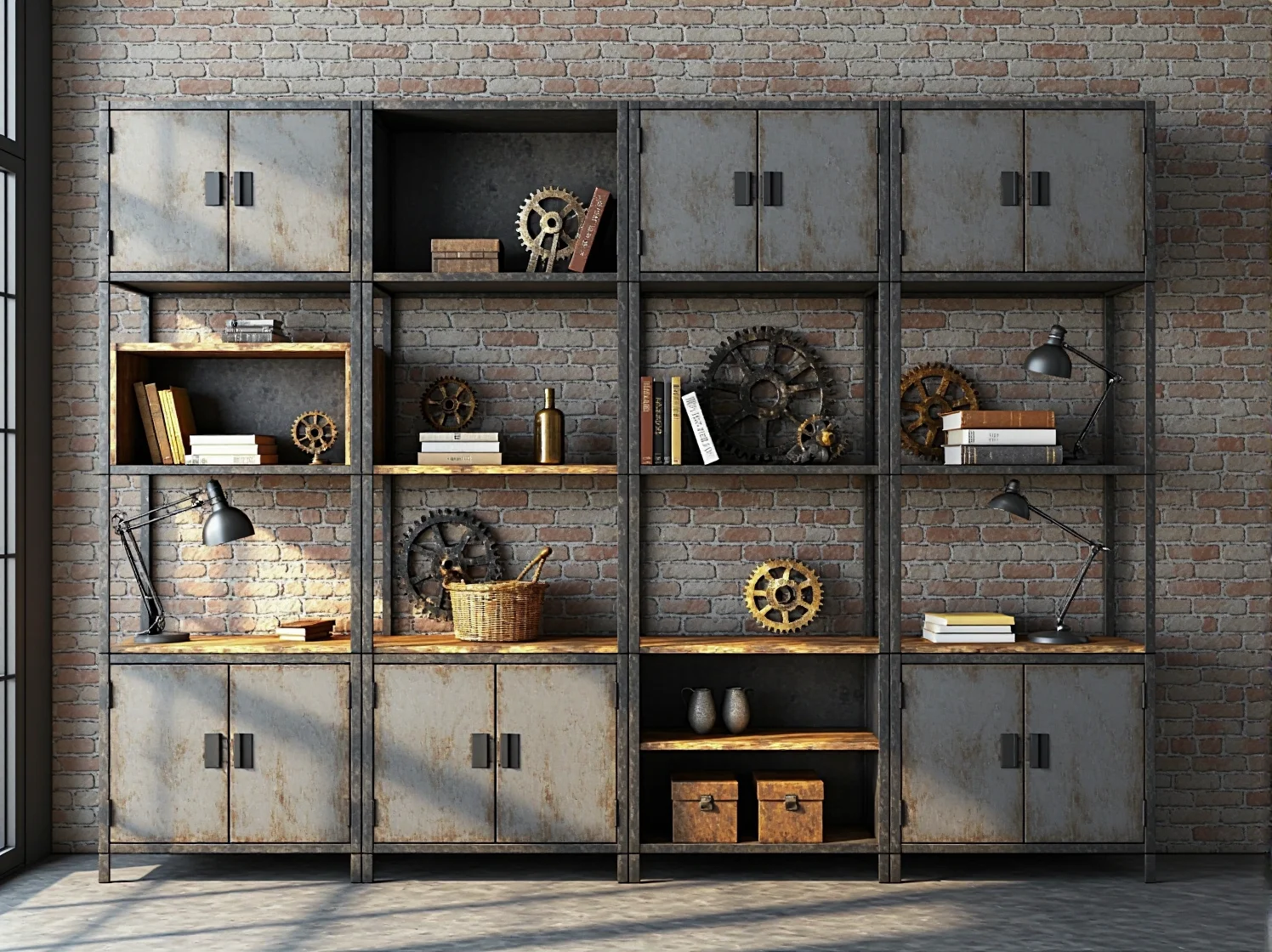 Otwarte, stylowe regały w domowym biurze, które pomagają w estetycznym przechowywaniu książek i akcesoriów.