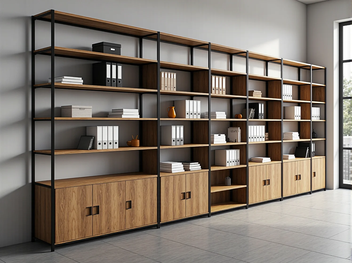 Stylowy, drewniany regał na dokumenty i książki, idealny do nowoczesnego domowego biura (home office).