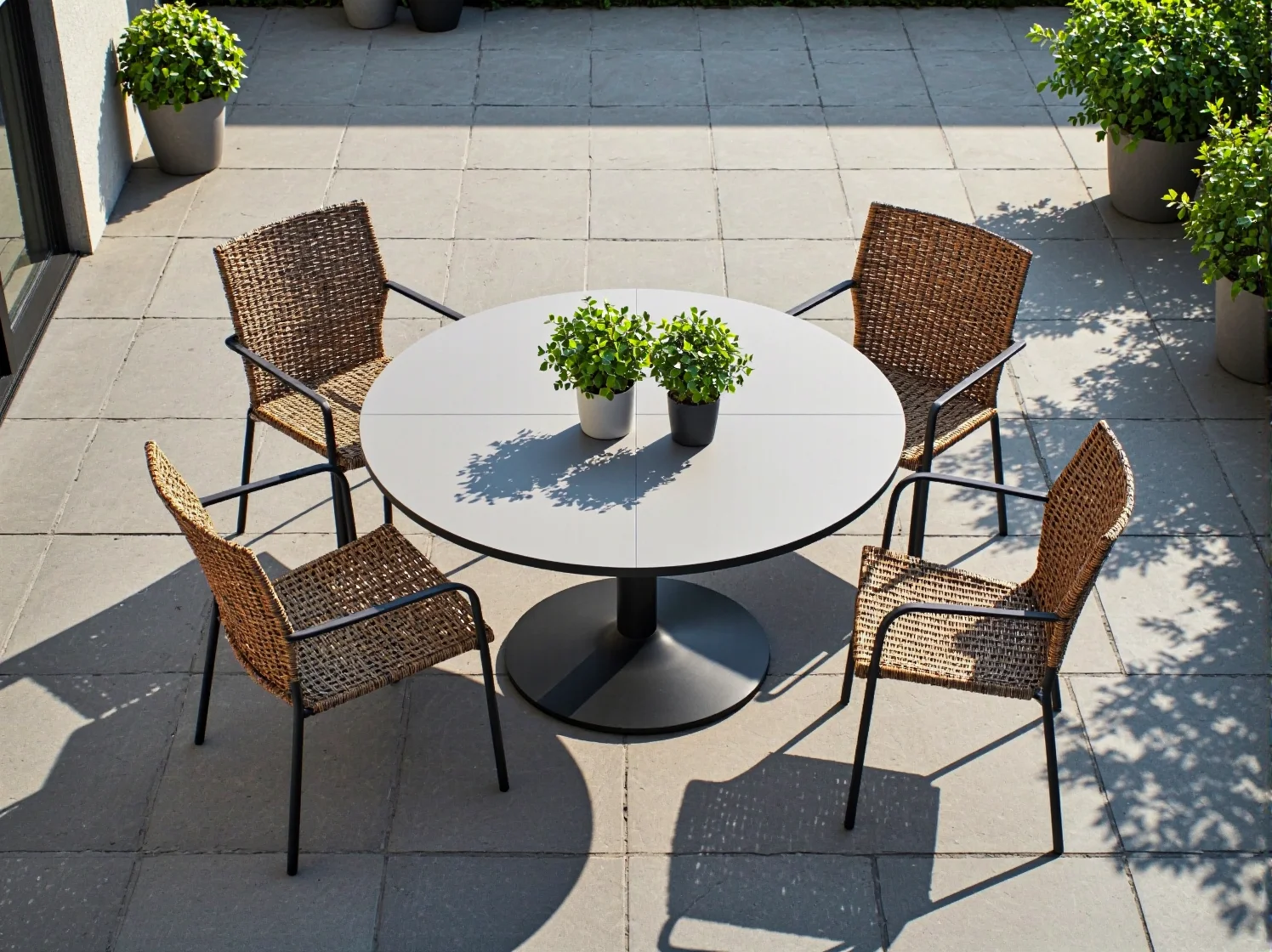 Elegancki, metalowy stół do jadalni na zewnątrz, otoczony zielenią i stylowymi krzesłami.