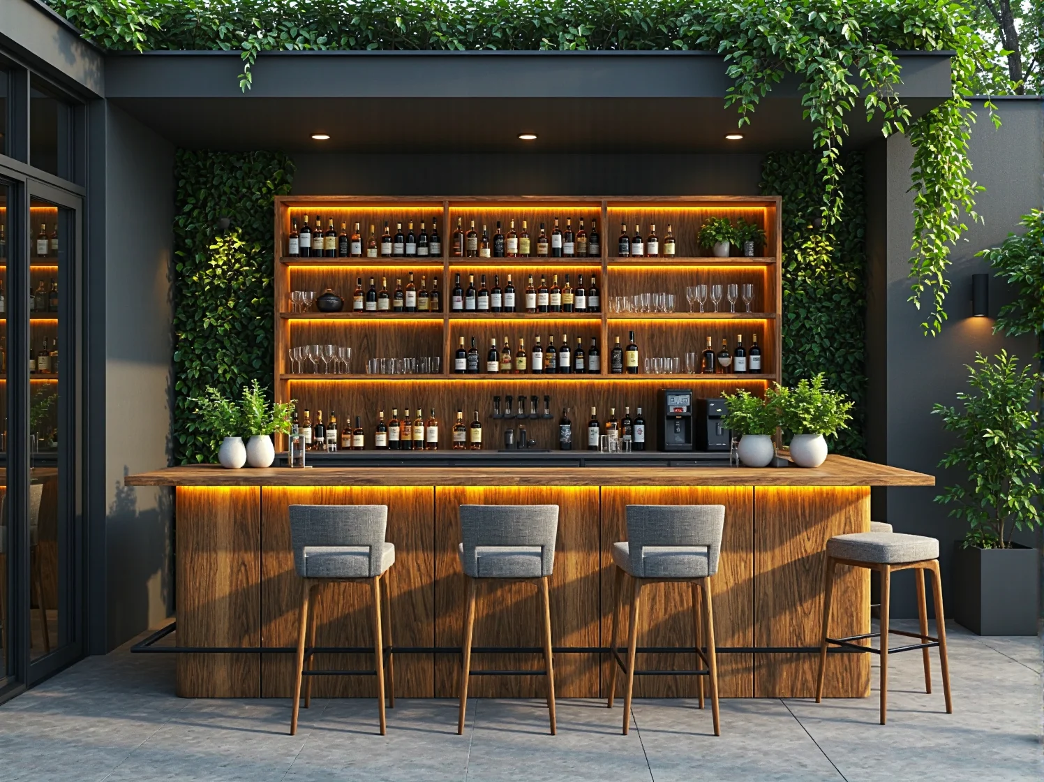 Nowoczesny zestaw wypoczynkowy do ogrodu z wygodną sofą i fotelami, stwarzający strefę relaksu.