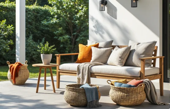 Drewniana sofa ogrodowa z jasnymi poduszkami i stolikiem pomocniczym