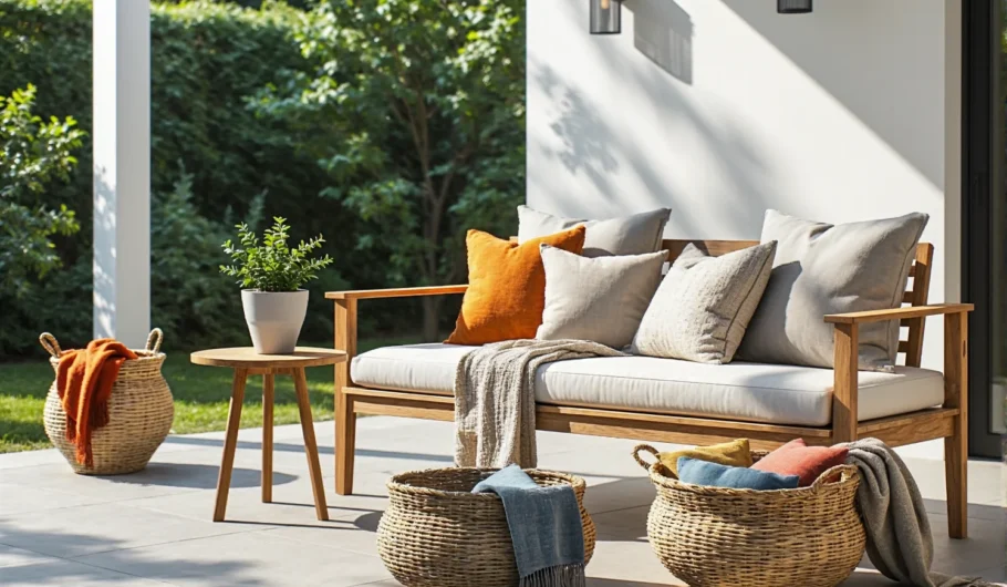 Drewniana sofa ogrodowa z jasnymi poduszkami i stolikiem pomocniczym