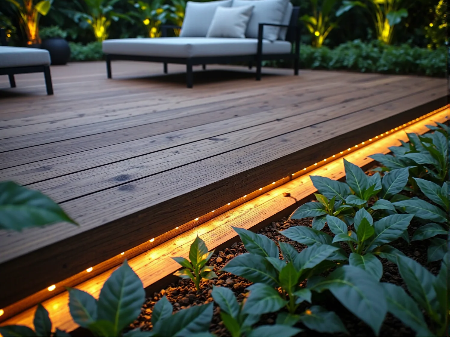 Aranżacja ogrodu w stylu tropikalnym z nastrojowym oświetleniem LED i egzotycznymi roślinami.