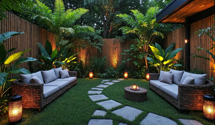 Rattanowy zestaw wypoczynkowy ogrodowy z szarymi poduszkami i oświetleniem LED