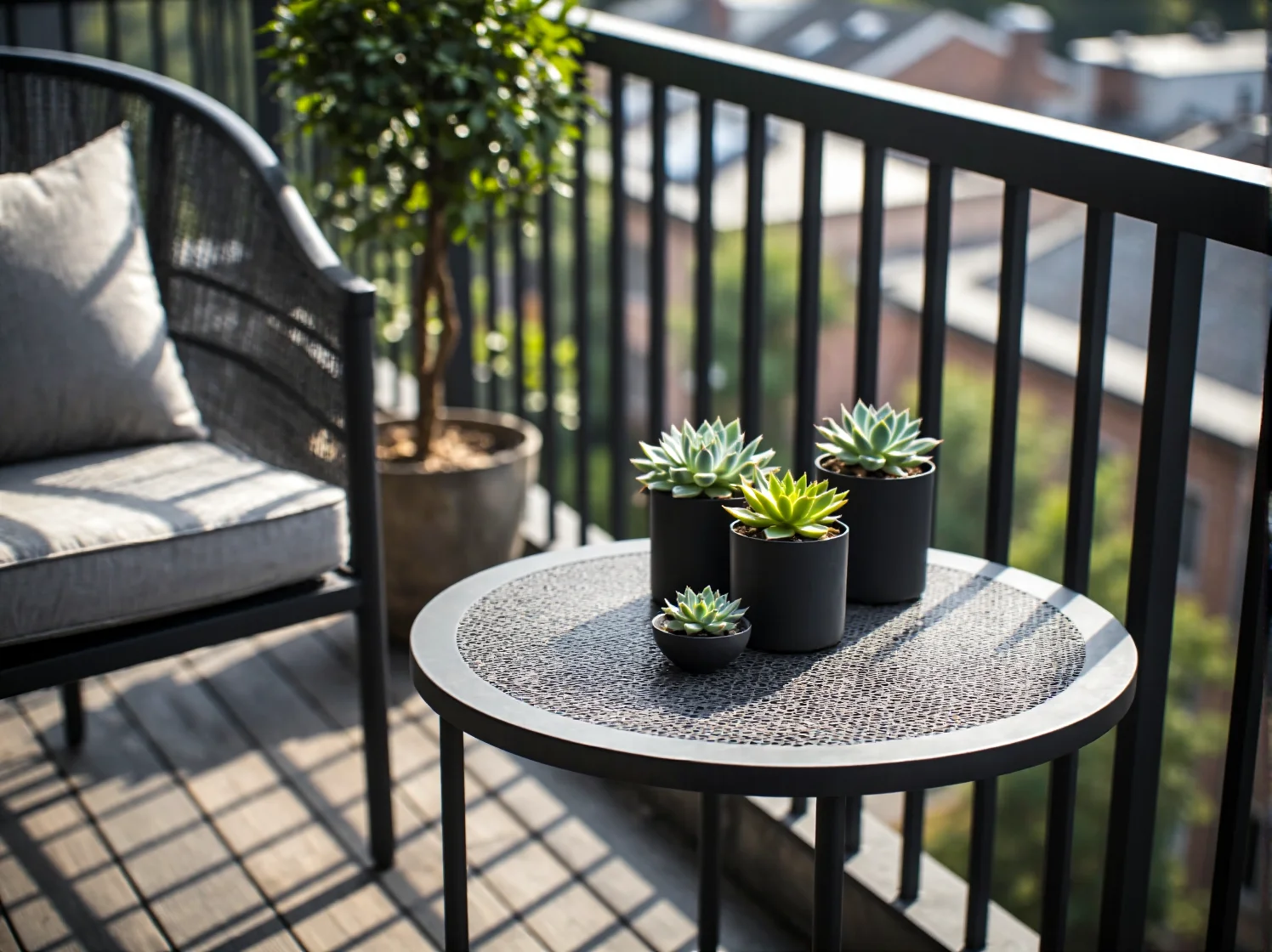 Przytulny kącik do relaksu na małym balkonie ze skrzynią do siedzenia i wiszącymi doniczkami.