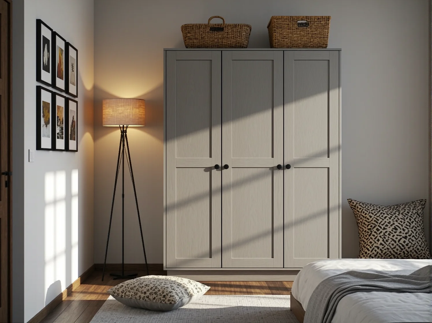 Efektywne wykorzystanie pionowej przestrzeni w sypialni dzięki półkom ściennym zamontowanym nad łóżkiem.