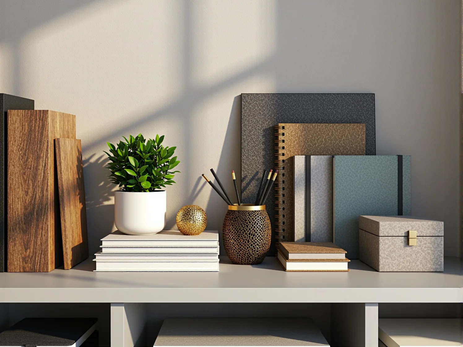 Praktyczne przechowywanie sprzętu biurowego na otwartych półkach w celu łatwego dostępu i organizacji.