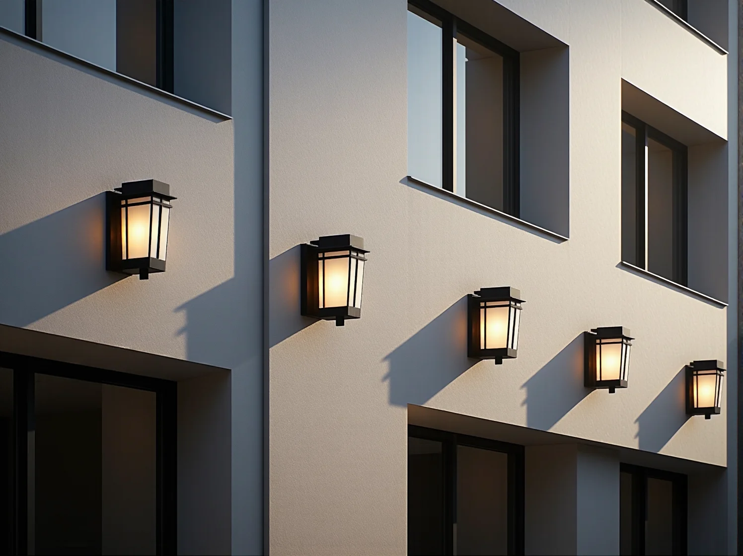 Oświetlenie fasady art deco podkreślające elegancję i symetrię architektury retro.