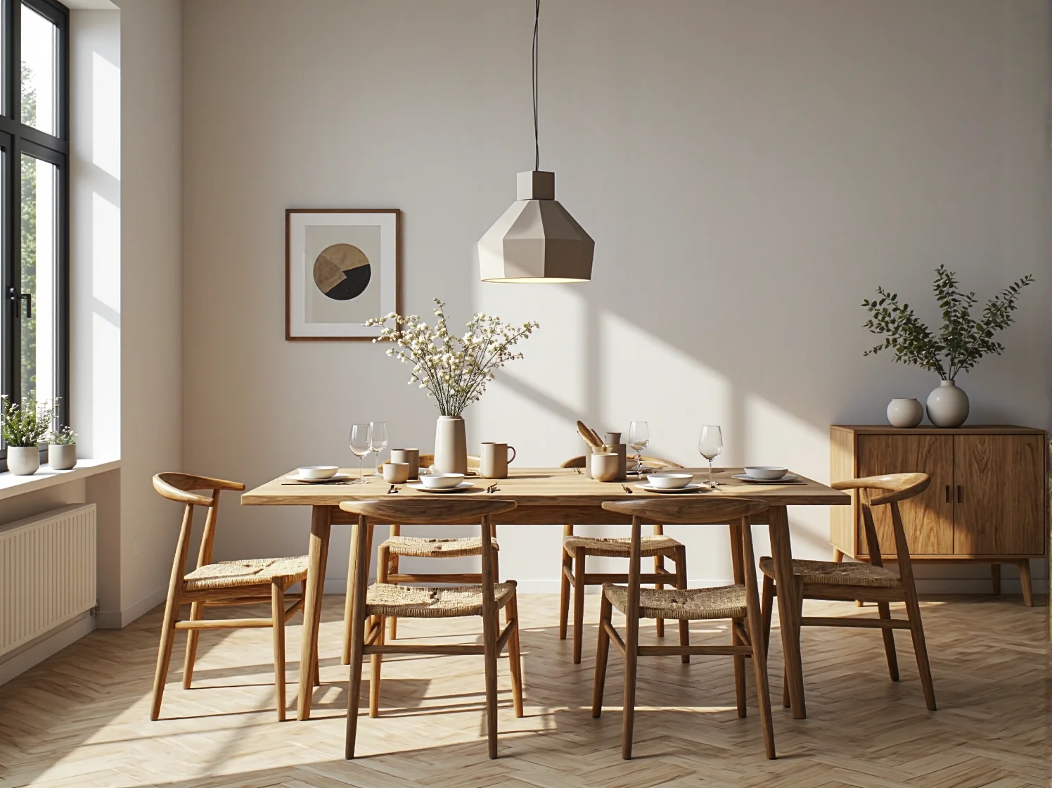 Nowoczesne oświetlenie punktowe nad białymi meblami kuchennymi w stylu skandynawskim.