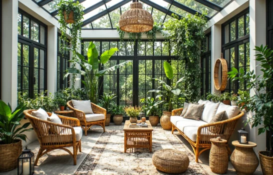 Rattanowy zestaw wypoczynkowy z sofą i fotelami w naturalnym kolorze