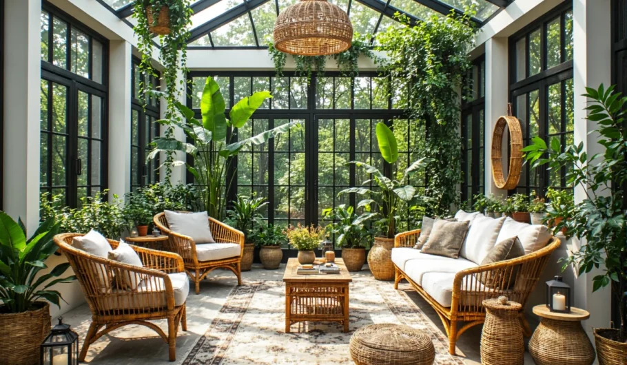 Rattanowy zestaw wypoczynkowy z sofą i fotelami w naturalnym kolorze