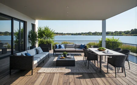 Zestaw mebli ogrodowych z sofą rattanową i stołem jadalnianym