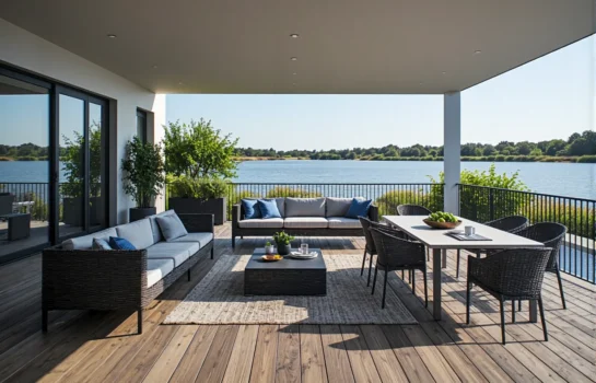 Zestaw mebli ogrodowych z sofą rattanową i stołem jadalnianym