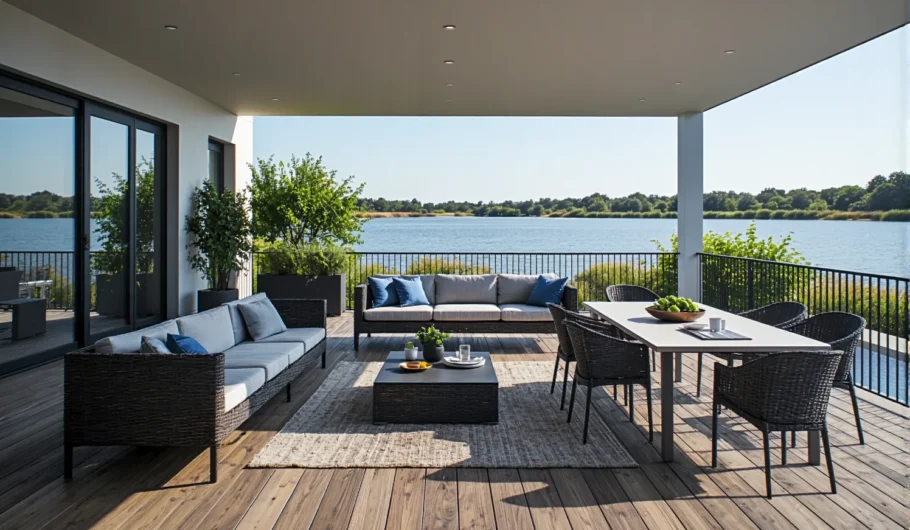 Zestaw mebli ogrodowych z sofą rattanową i stołem jadalnianym