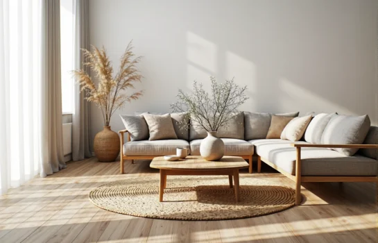 Narożna sofa szara z drewnianym stelażem w stylu skandynawskim