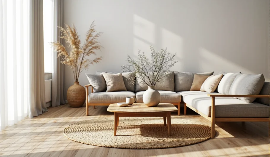 Narożna sofa szara z drewnianym stelażem w stylu skandynawskim