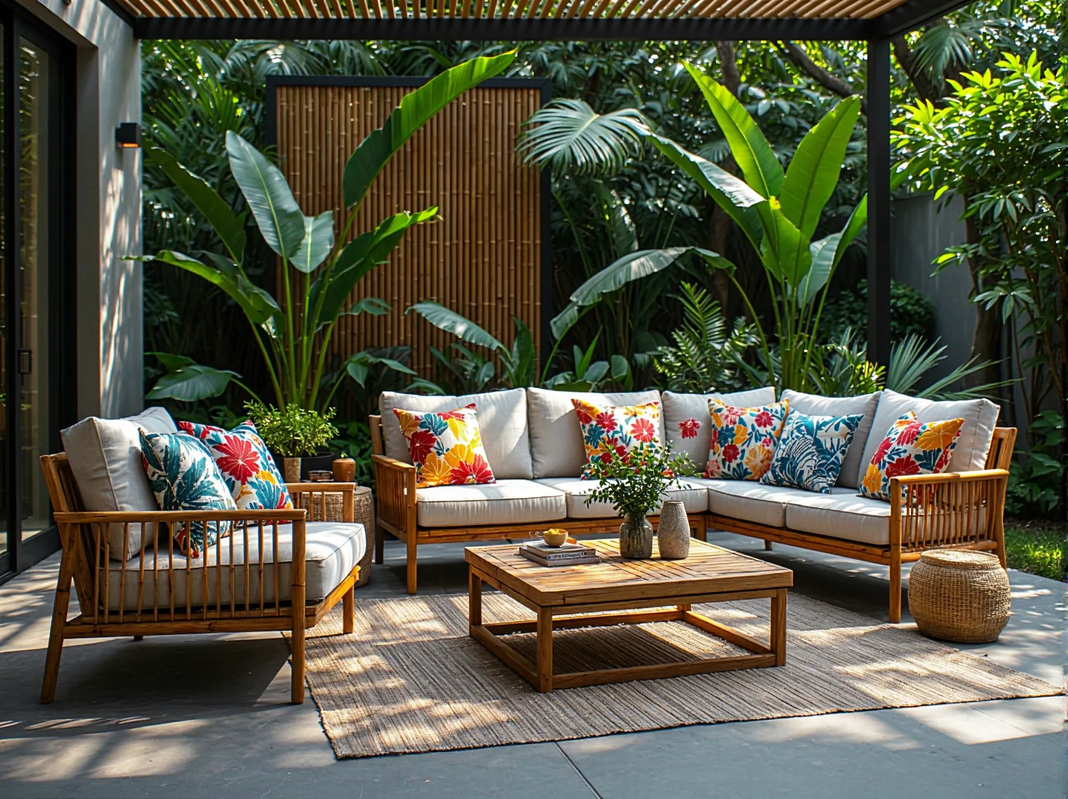 Funkcjonalne podświetlenie ścieżki w ogrodzie tropikalnym za pomocą taśm LED i reflektorów.