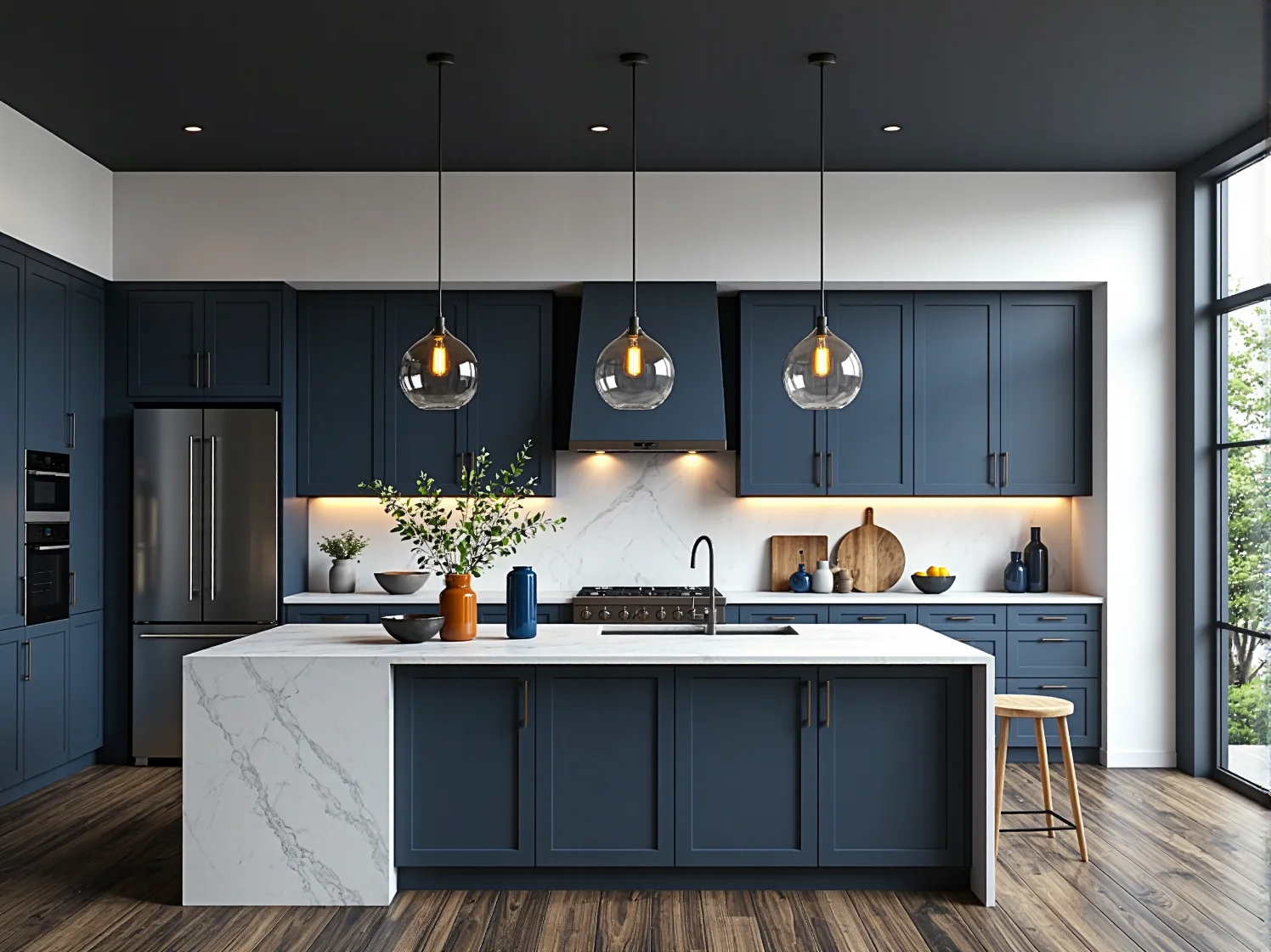 Elegancka lampa wisząca w stylu glamour jako centralny punkt oświetlenia nad wyspą.